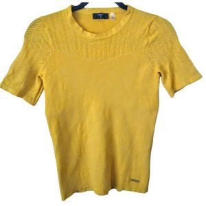 T Tahari Womens Illuminating Yellow Ribbed Short Sleeve Shirt Sweetheart Top MED